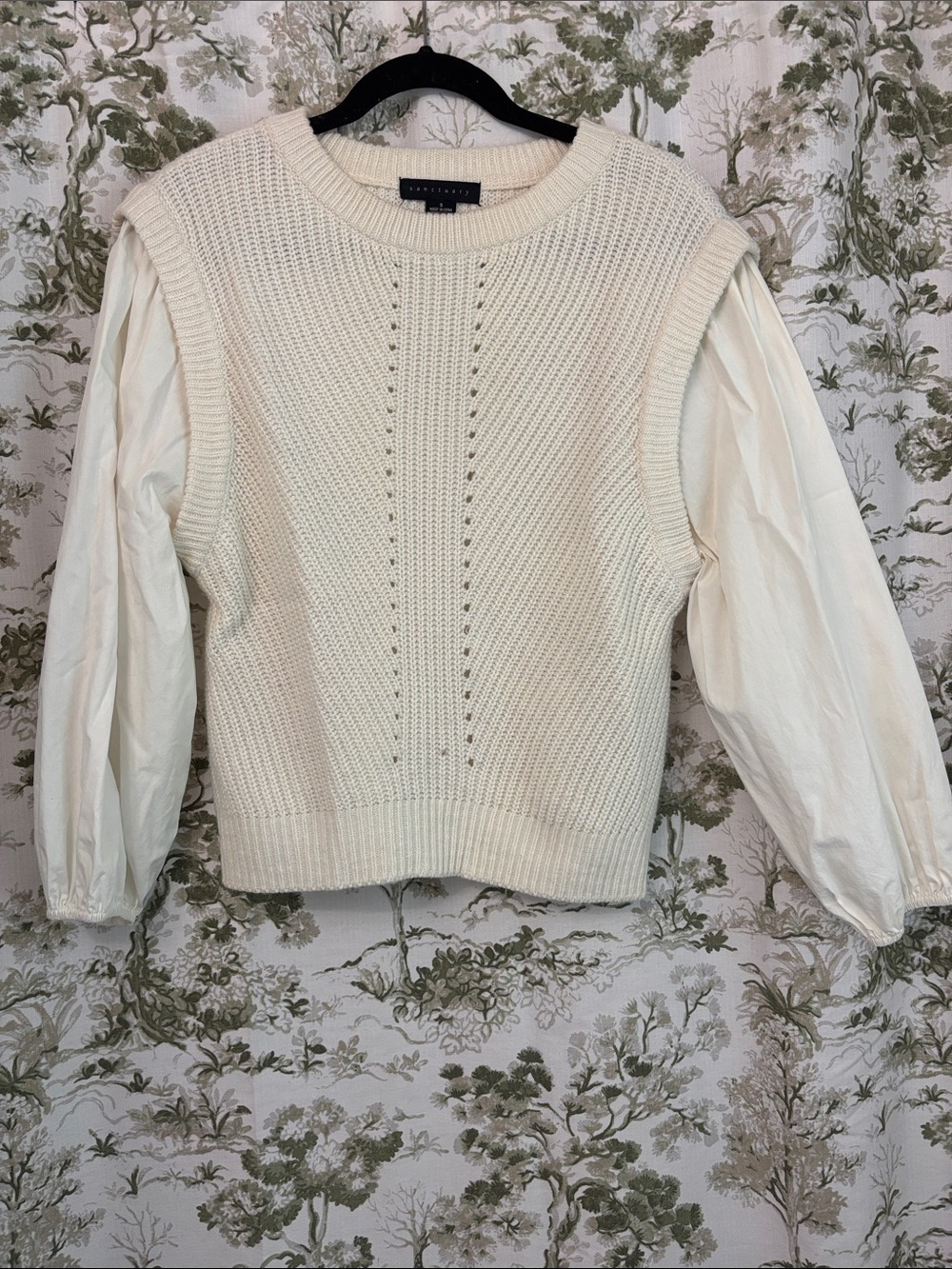 Sanctuary Cream Layered Knit Vest with Puff-Sleeve Blouse